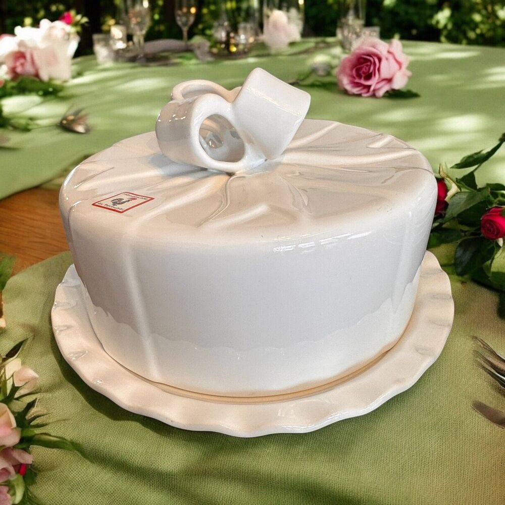 NEW Cake Keeper 12” White Ribbon Design Handmade Destinos Portugal